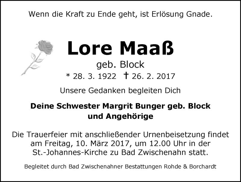  Traueranzeige für Lore Maaß vom 07.03.2017 aus Nordwest-Zeitung