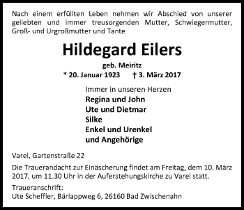Traueranzeige von Hildegard Eilers von Nordwest-Zeitung