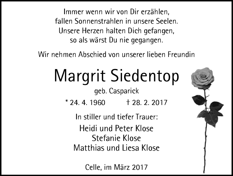  Traueranzeige für Margrit Siedentop vom 04.03.2017 aus Nordwest-Zeitung