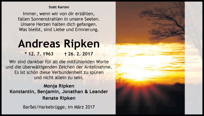  Traueranzeige für Andreas Ripken vom 25.03.2017 aus Nordwest-Zeitung