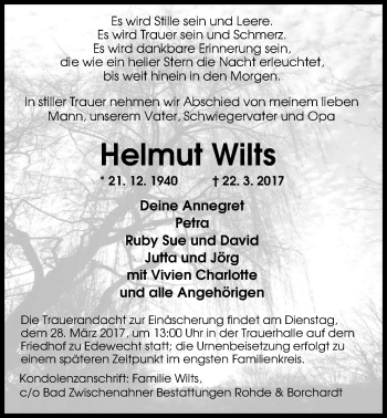 Traueranzeige von Helmut Wilts von Nordwest-Zeitung