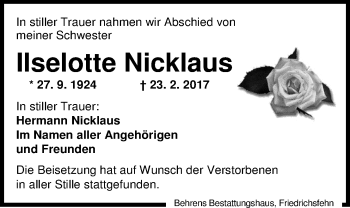 Traueranzeige von Ilselotte Nicklaus von Nordwest-Zeitung