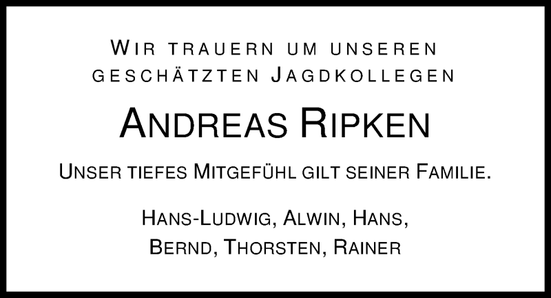  Traueranzeige für Andreas Ripken vom 03.03.2017 aus Nordwest-Zeitung