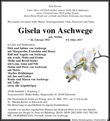 Traueranzeige von Gisela  von Aschwege von Nordwest-Zeitung