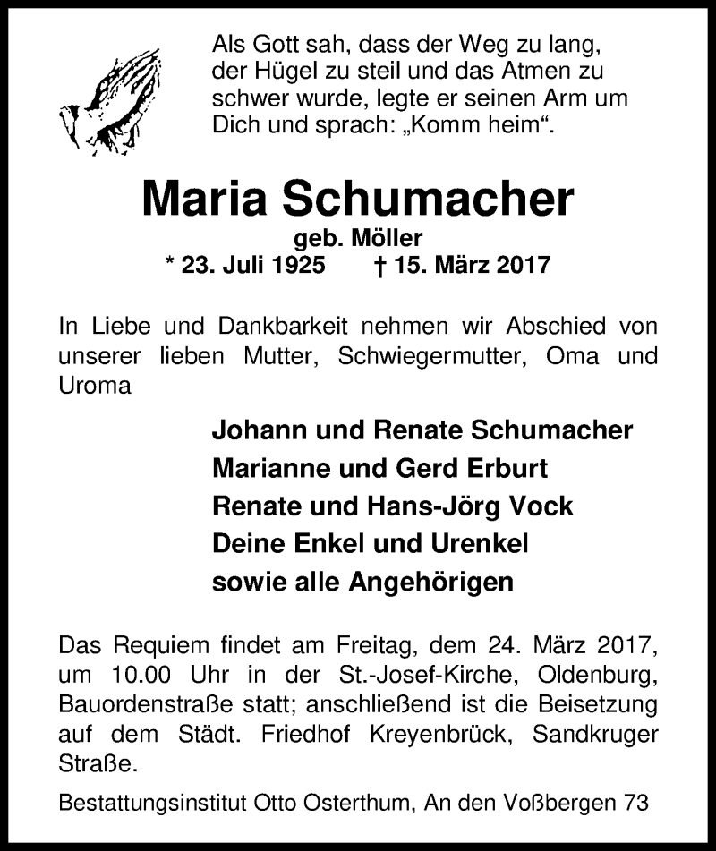  Traueranzeige für Maria Schumacher vom 21.03.2017 aus Nordwest-Zeitung