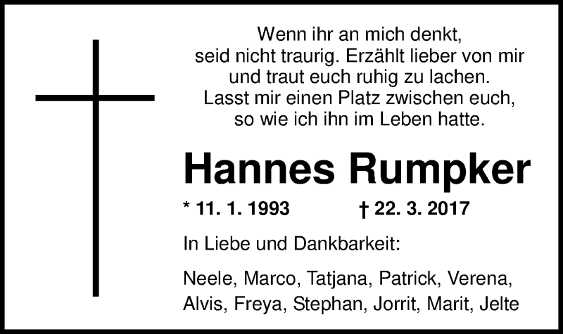  Traueranzeige für Hannes Rumpker vom 29.03.2017 aus Nordwest-Zeitung