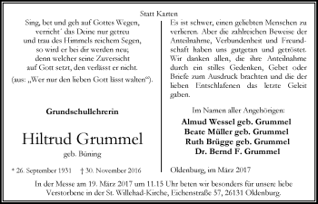 Traueranzeige von Hiltrud Grummel von Nordwest-Zeitung