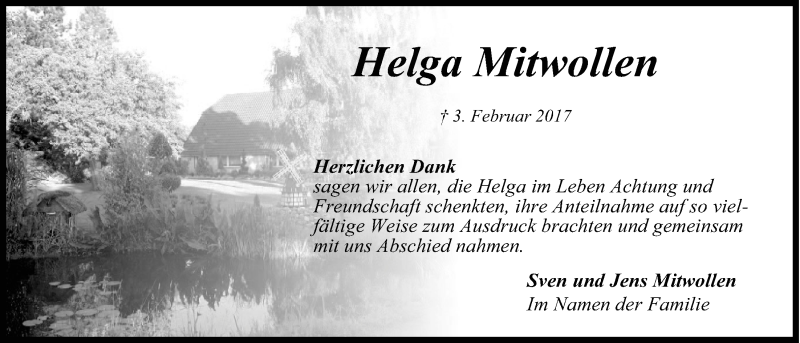  Traueranzeige für Helga Mitwollen vom 11.03.2017 aus Nordwest-Zeitung