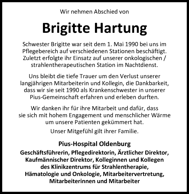  Traueranzeige für Brigitte Hartung vom 04.03.2017 aus Nordwest-Zeitung