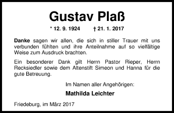 Traueranzeige von Gustav Plaß von Nordwest-Zeitung