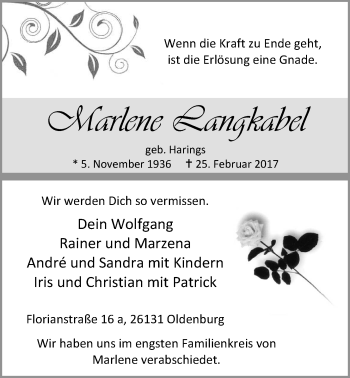 Traueranzeige von Marlene Langkabel von Nordwest-Zeitung