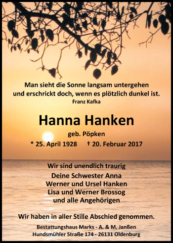 Traueranzeige von Hanna Hanken von Nordwest-Zeitung