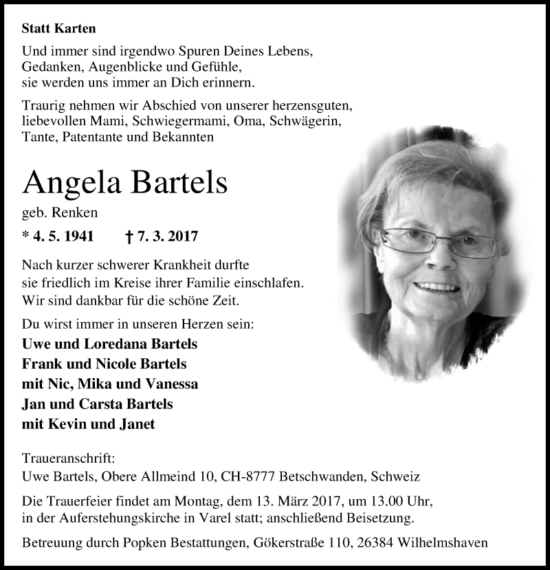  Traueranzeige für Angela Bartels vom 11.03.2017 aus Nordwest-Zeitung