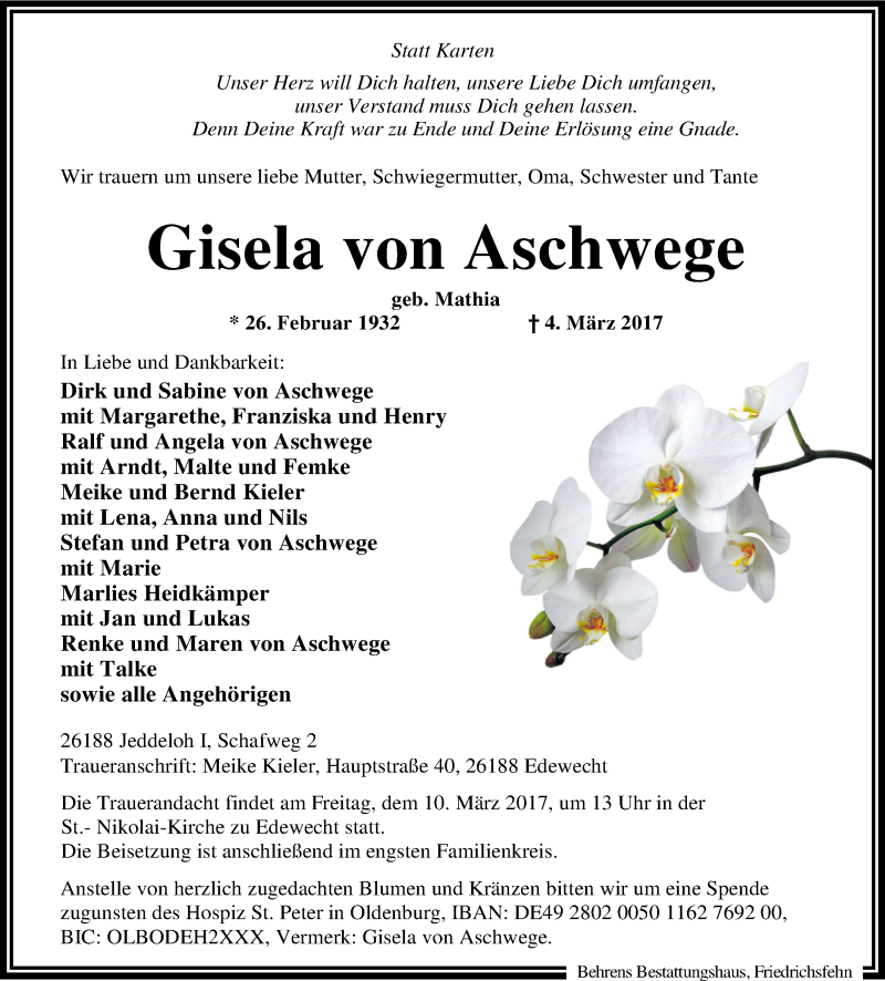  Traueranzeige für Gisela  von Aschwege vom 07.03.2017 aus Nordwest-Zeitung
