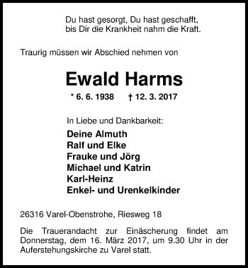 Traueranzeige von Ewald Harms von Nordwest-Zeitung