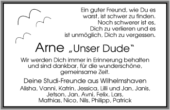 Traueranzeige von Arne Hobbie von Nordwest-Zeitung