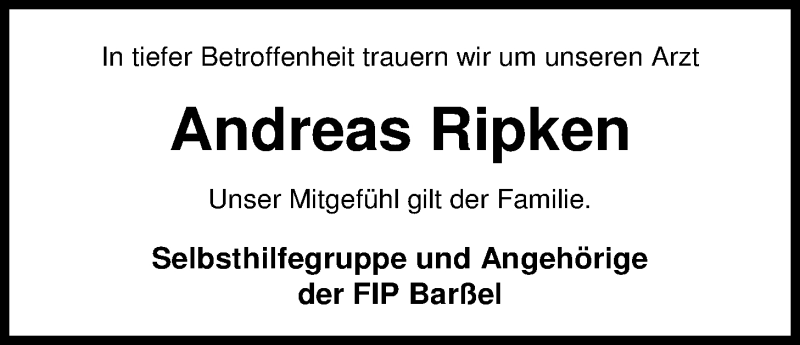  Traueranzeige für Andreas Ripken vom 03.03.2017 aus Nordwest-Zeitung