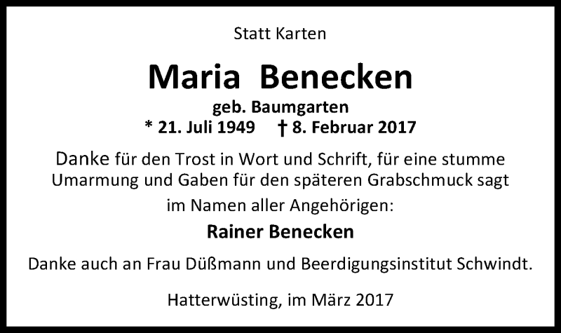  Traueranzeige für Maria Benecken vom 13.03.2017 aus Nordwest-Zeitung