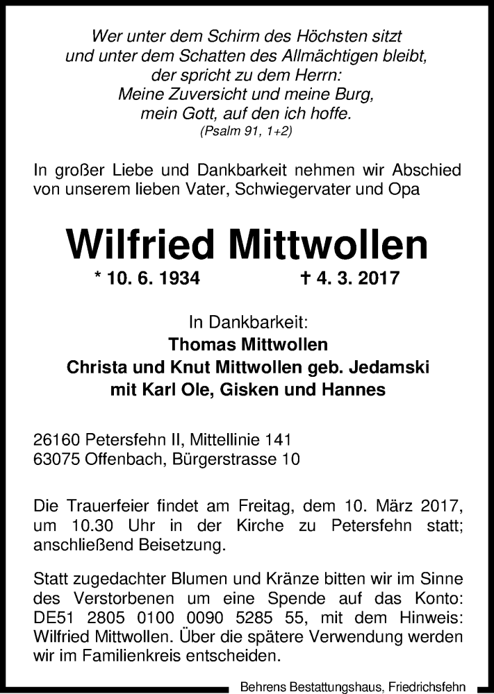  Traueranzeige für Wilfried Mittwollen vom 07.03.2017 aus Nordwest-Zeitung