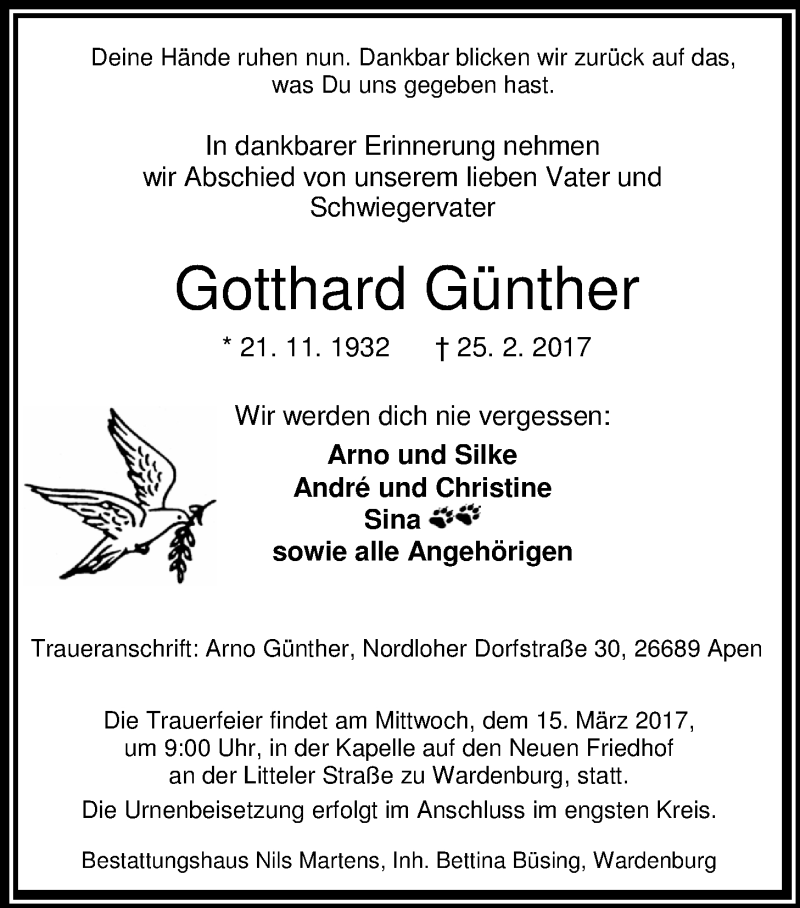  Traueranzeige für Gotthard Günther vom 09.03.2017 aus Nordwest-Zeitung