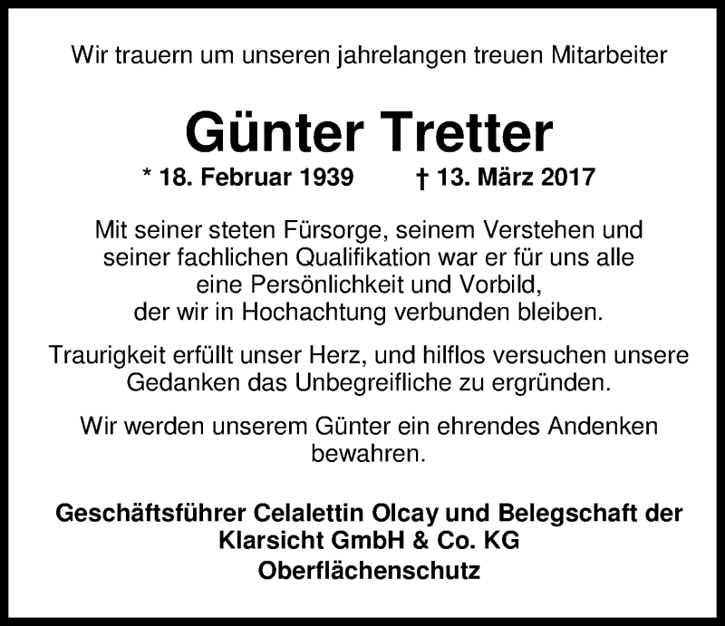  Traueranzeige für Walter Tretter vom 15.03.2017 aus Nordwest-Zeitung