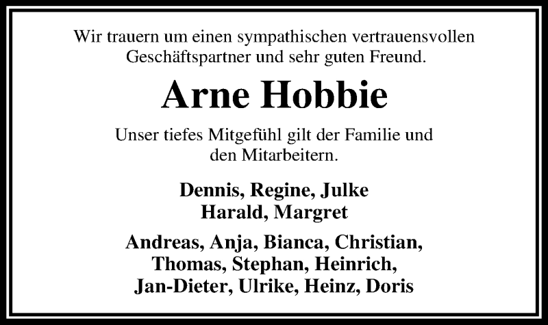  Traueranzeige für Arne Hobbie vom 28.03.2017 aus Nordwest-Zeitung