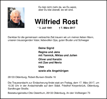 Traueranzeige von Wilfried Rost von Nordwest-Zeitung