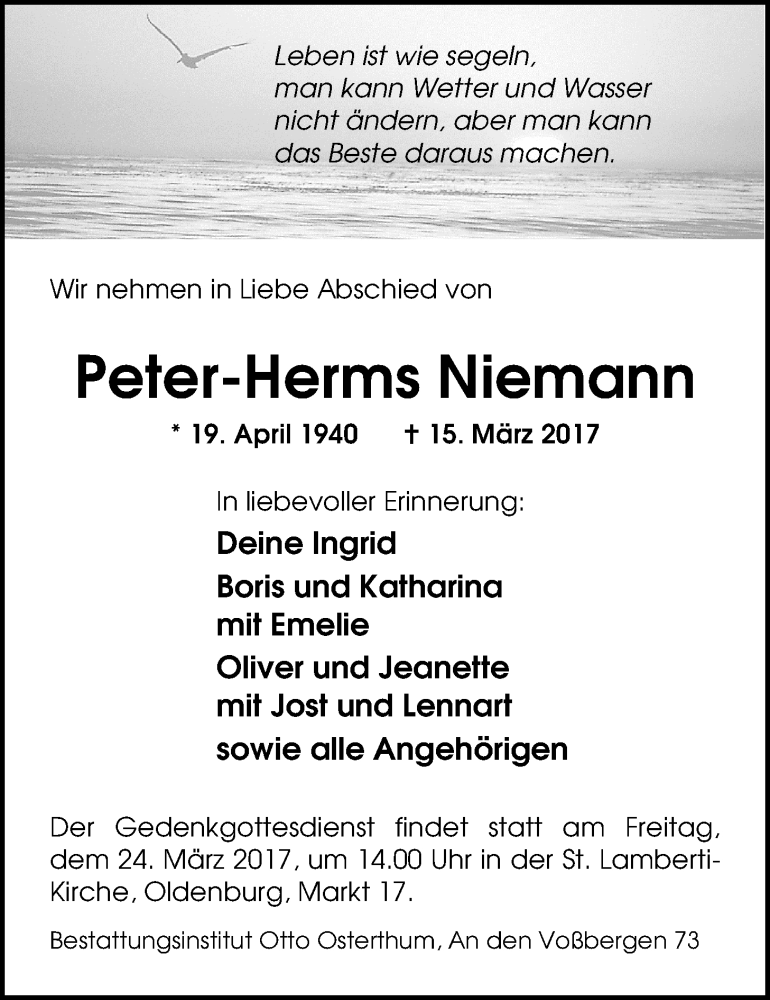  Traueranzeige für Peter-Herms Niemann vom 22.03.2017 aus Nordwest-Zeitung