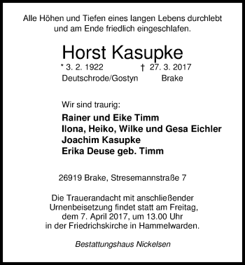 Traueranzeige von Horst Kasupke von Nordwest-Zeitung