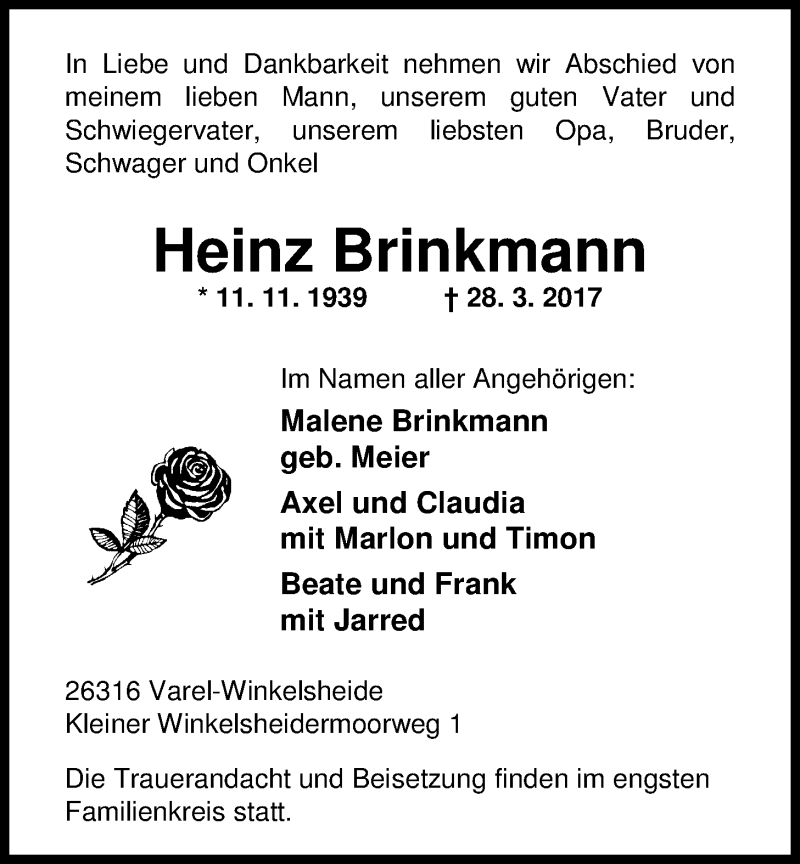  Traueranzeige für Heinz Brinkmann vom 31.03.2017 aus Nordwest-Zeitung