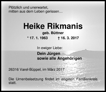 Traueranzeige von Heike Rikmanis von Nordwest-Zeitung