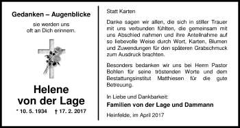 Traueranzeige von Helene Von der Lage von Nordwest-Zeitung