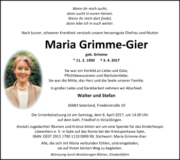 Traueranzeige von Maria Grimme-Gier von Nordwest-Zeitung