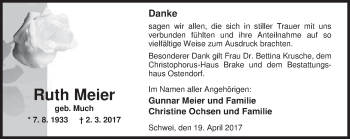 Traueranzeige von Ruth Meier von Nordwest-Zeitung