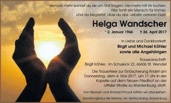 Traueranzeige von Helga Wandscher von Nordwest-Zeitung