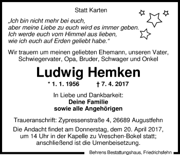 Traueranzeige von Ludwig Hemken von Nordwest-Zeitung