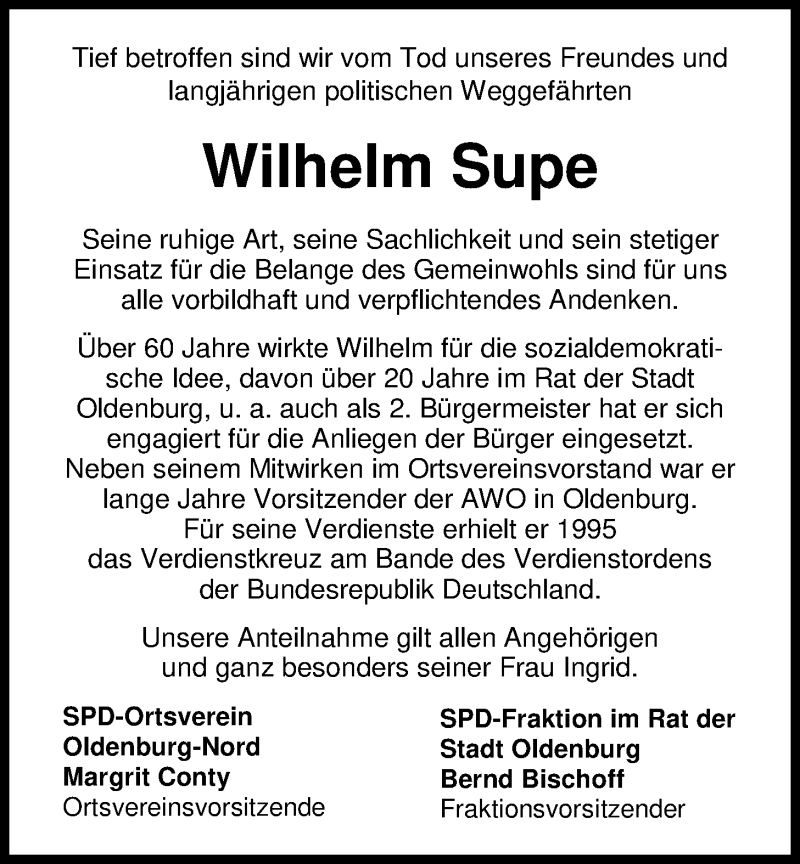  Traueranzeige für Wilhelm Supe vom 06.04.2017 aus Nordwest-Zeitung