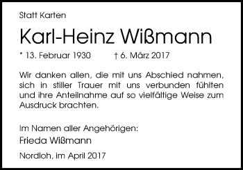 Traueranzeige von Karl-Heinz Wißmann von Nordwest-Zeitung