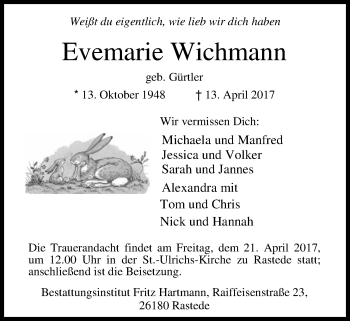 Traueranzeige von Evemarie Wichmann von Nordwest-Zeitung