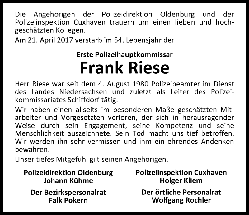 Traueranzeigen von Frank Riese | nordwest-trauer.de