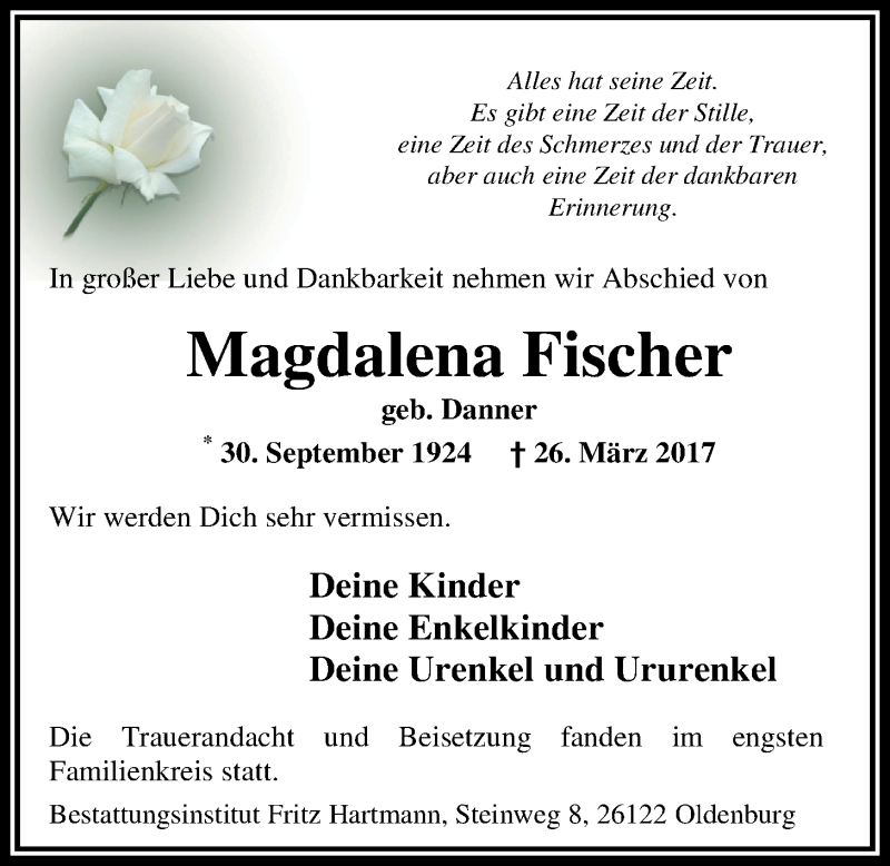  Traueranzeige für Magdalena Fischer vom 04.04.2017 aus Nordwest-Zeitung