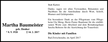 Traueranzeige von Martha Baumeister von Nordwest-Zeitung