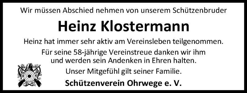  Traueranzeige für Heinz Klostermann vom 20.04.2017 aus Nordwest-Zeitung