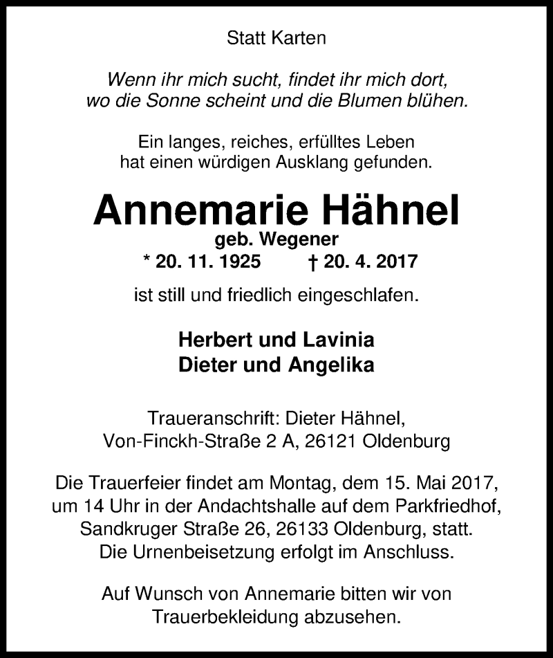  Traueranzeige für Annemarie Hähnel vom 29.04.2017 aus Nordwest-Zeitung