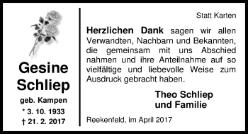 Traueranzeige von Gesine Schliep von Nordwest-Zeitung