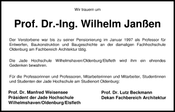 Traueranzeige von Wilhelm Janßen von Nordwest-Zeitung