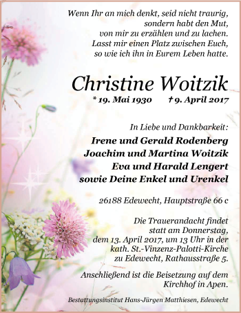 Traueranzeige von Christine Woitzik von Nordwest-Zeitung
