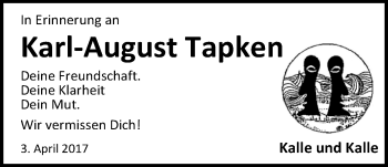 Traueranzeige von Karl-August Tapken von Nordwest-Zeitung