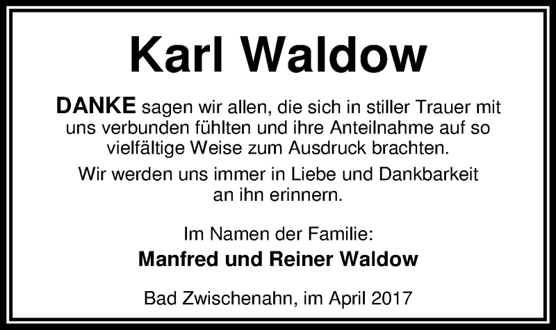  Traueranzeige für Karl Waldow vom 15.04.2017 aus Nordwest-Zeitung