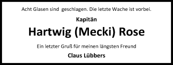 Traueranzeige von Hartwig Rose von Nordwest-Zeitung